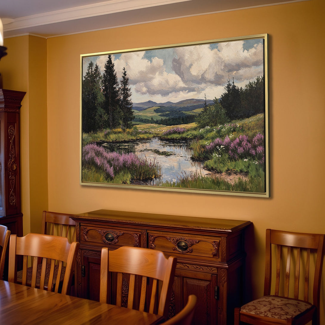 Canvas Print of a serene landscape painting with a pond, trees, and purple flowers. Warm, neutral color palette. Perfect for home decor.