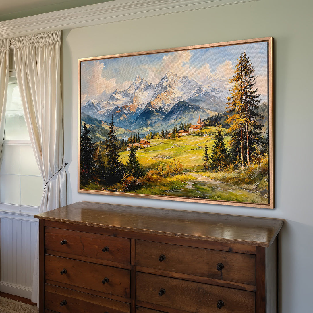 Framed Wall Art: Stunning mountain landscape Canvas Print in warm tones. Rustic style art with a vibrant color palette, perfect for home decor.