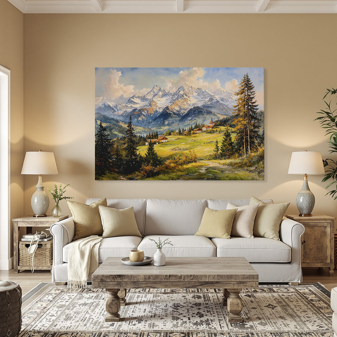 Framed Wall Art: Mountain landscape Canvas Print in warm tones. Classic style with a serene mountain scene, perfect for adding a touch of nature to your home.
