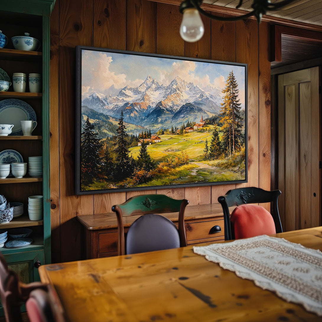 Framed Wall Art: Mountain landscape canvas print with warm, earthy tones. Rustic style art perfect for adding a cozy touch to your home decor.