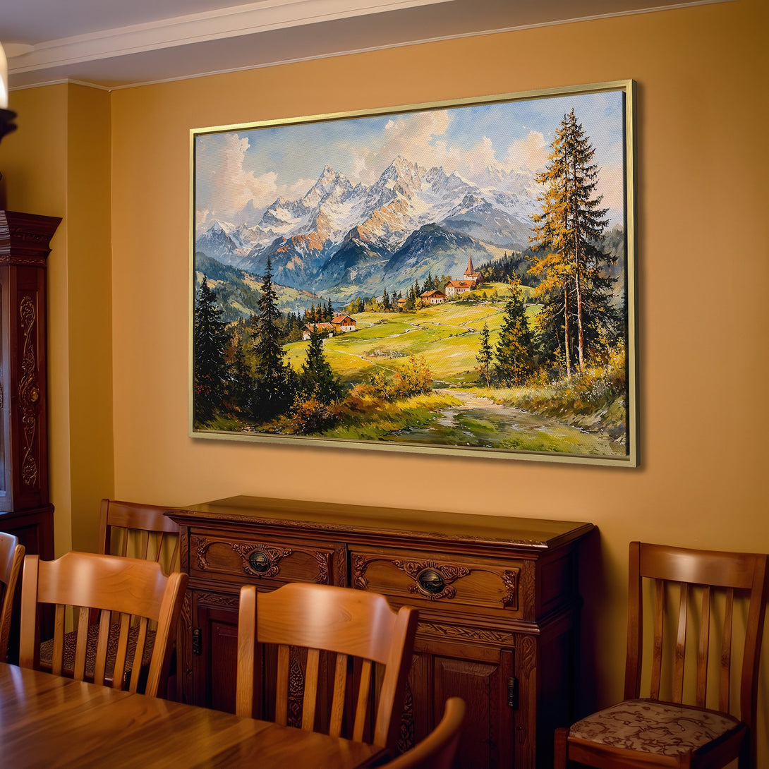 Canvas Print of a mountain landscape painting in warm, earthy tones. Perfect wall art for a cozy living room.