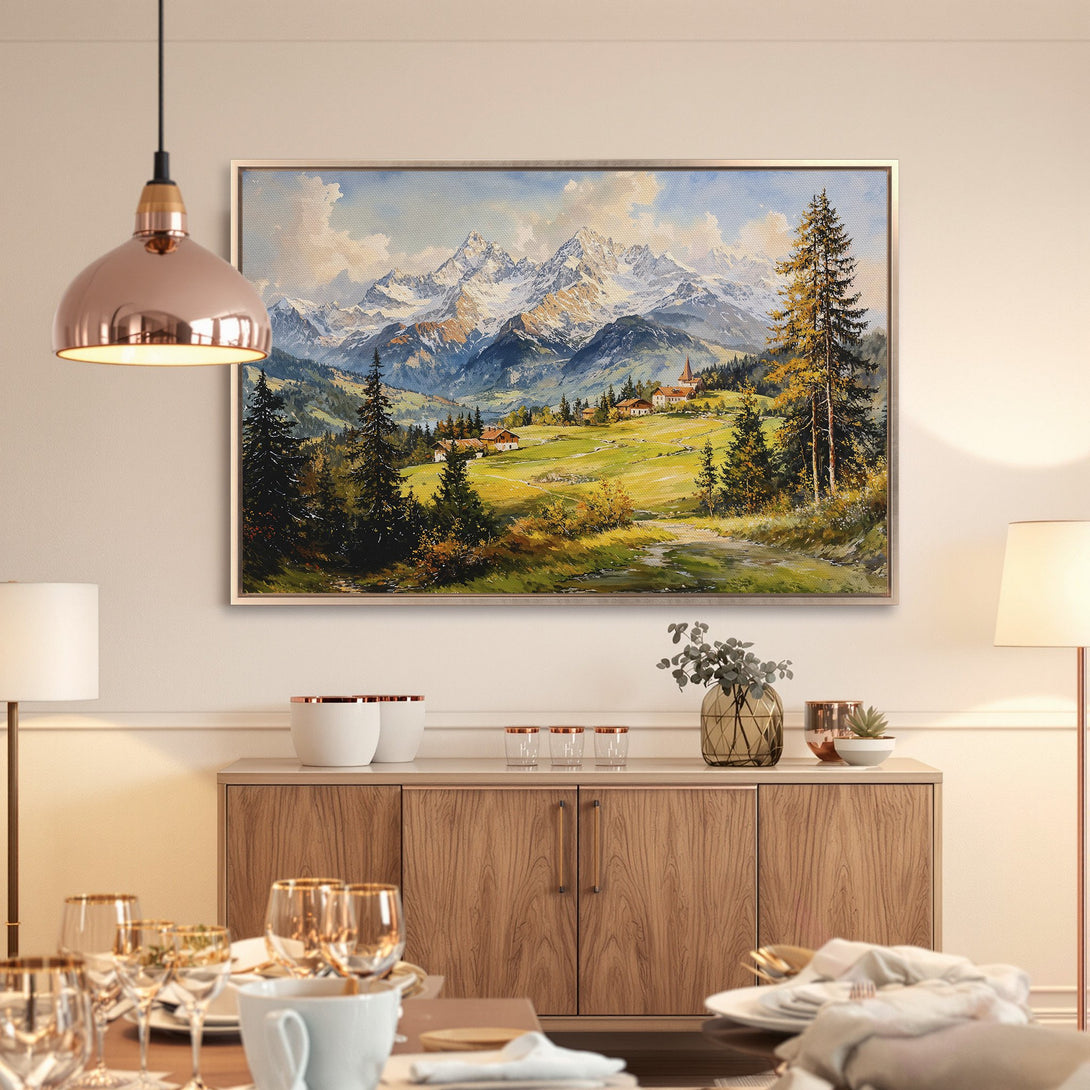 Framed Wall Art: Mountain landscape canvas print in warm tones. Perfect for adding a touch of nature & elegance to your dining room decor.