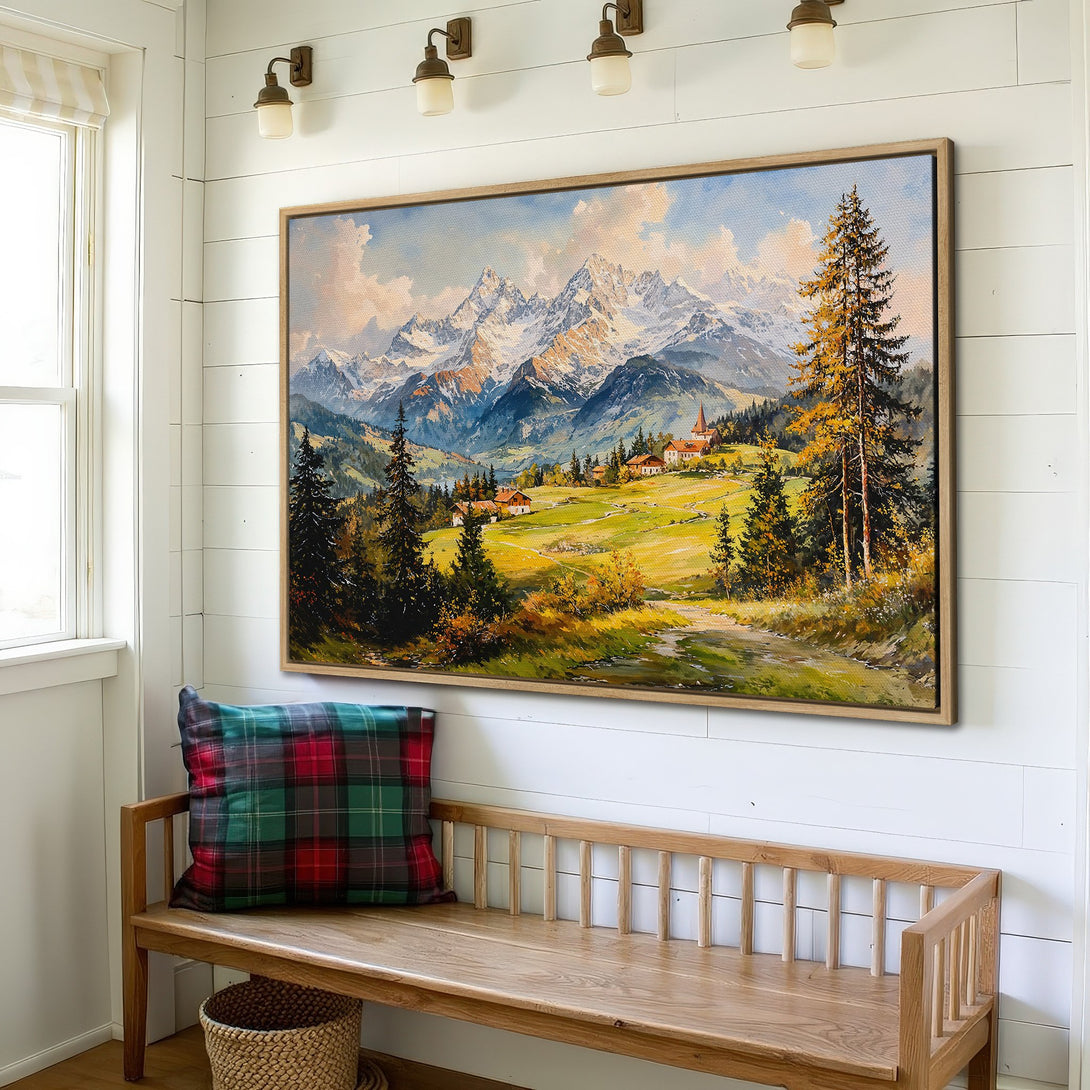 Framed Wall Art: Mountain landscape canvas print with a warm, inviting color palette. Perfect for adding a touch of nature to your home decor.