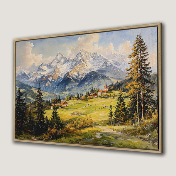 Canvas Print of a serene mountain landscape painting, featuring a vibrant color palette of greens, blues, and golds. Perfect wall art for any space.