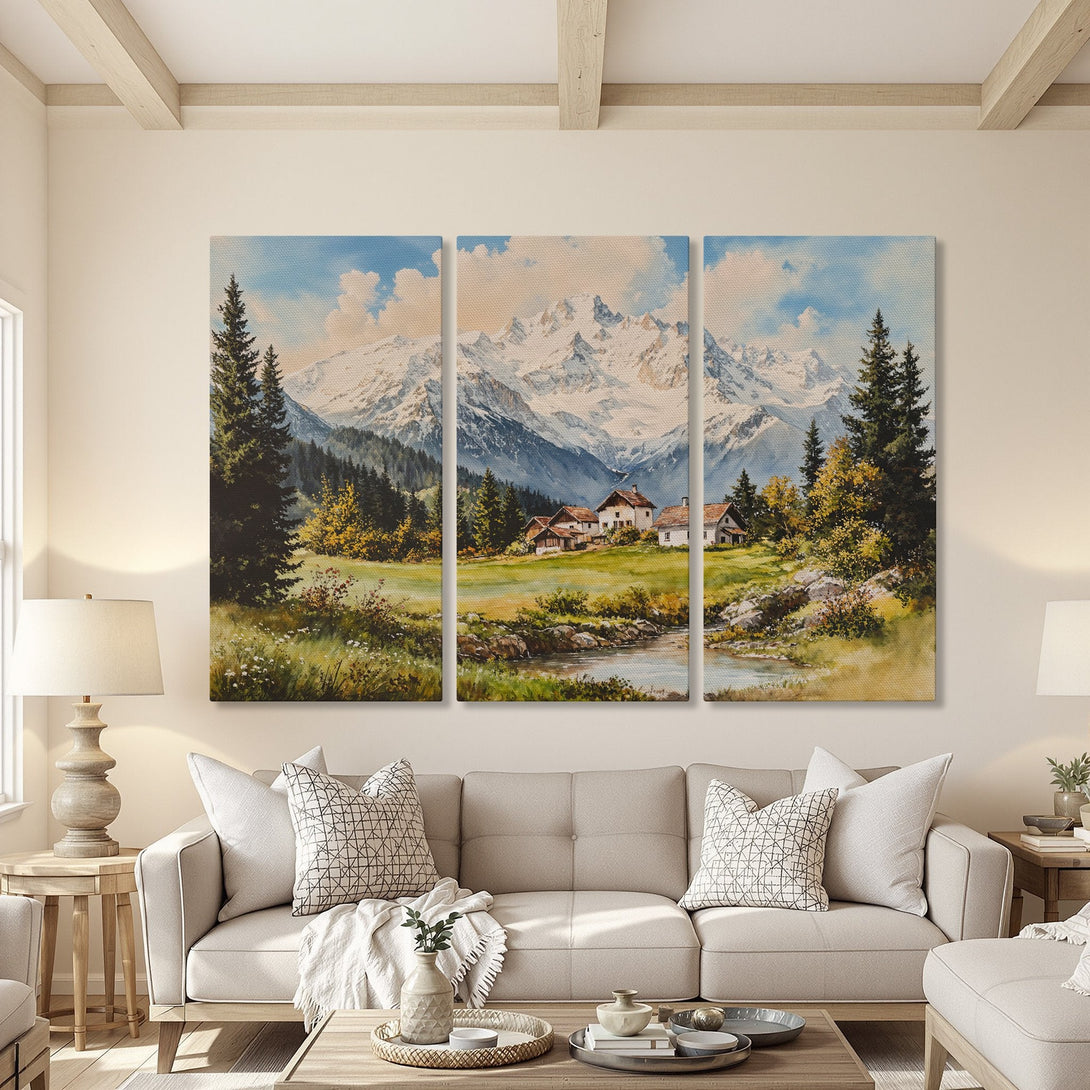 Canvas Print of a serene mountain landscape painting in a living room. Features a watercolor style with a soft, natural color palette.