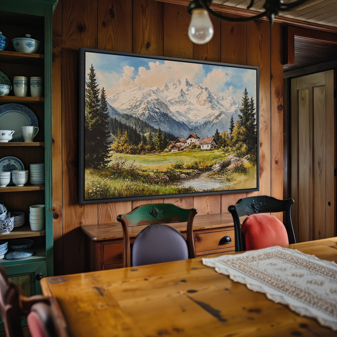 Framed Wall Art: Watercolor landscape Canvas Print with mountains, trees, and a cabin. Warm, inviting color palette perfect for cozy spaces.