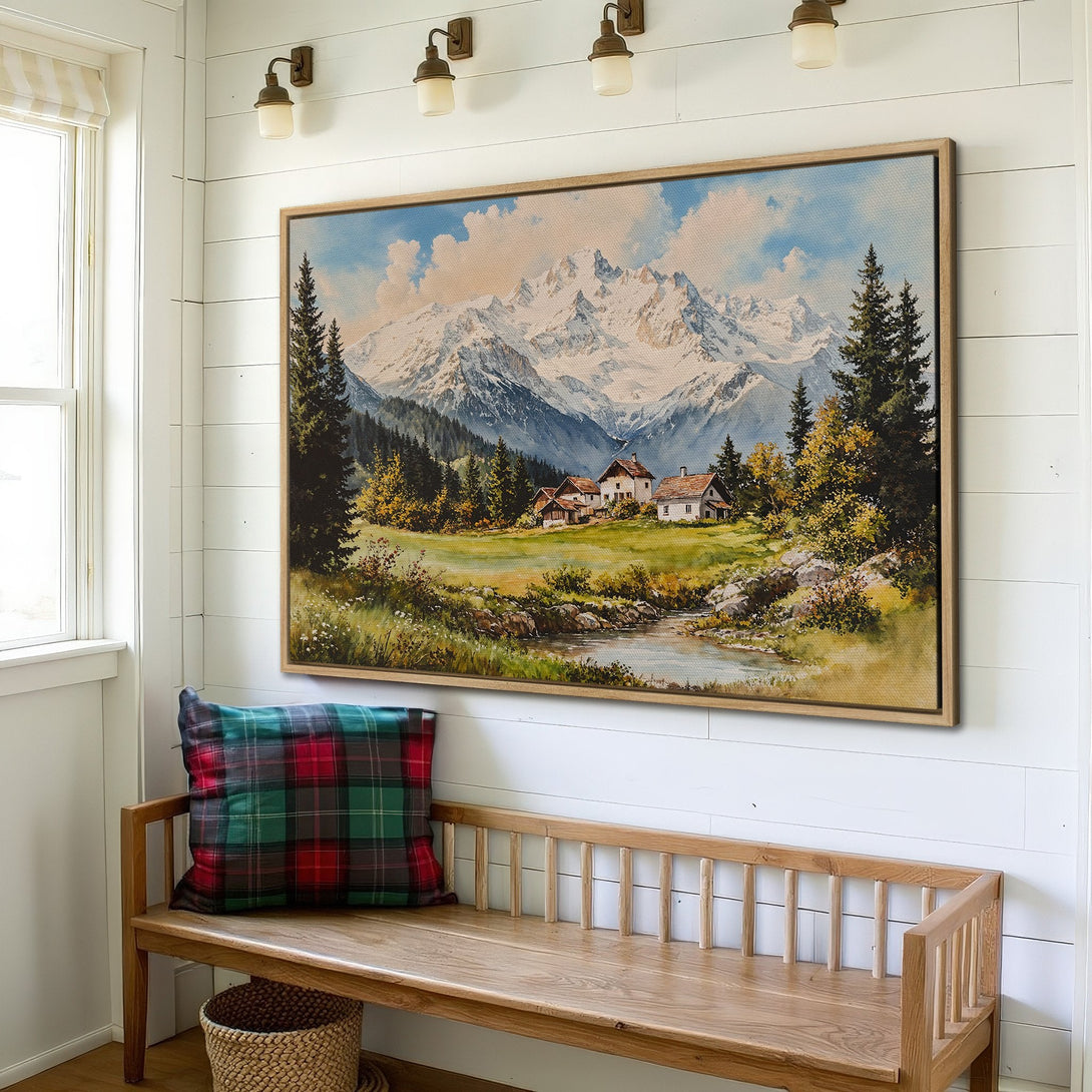 Framed Wall Art: Scenic mountain landscape Canvas Print in a rustic style, featuring a serene scene with a cool blue, green, and brown color palette.