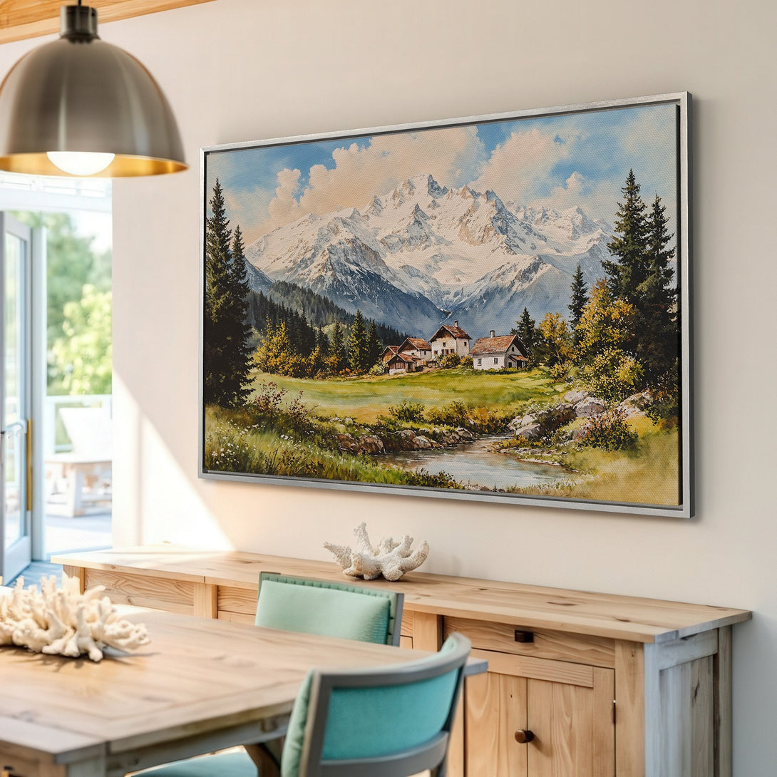 Framed Wall Art: Watercolor landscape Canvas Print featuring mountains, trees, and a serene village. Earthy tones with pops of green and blue. Perfect home decor.