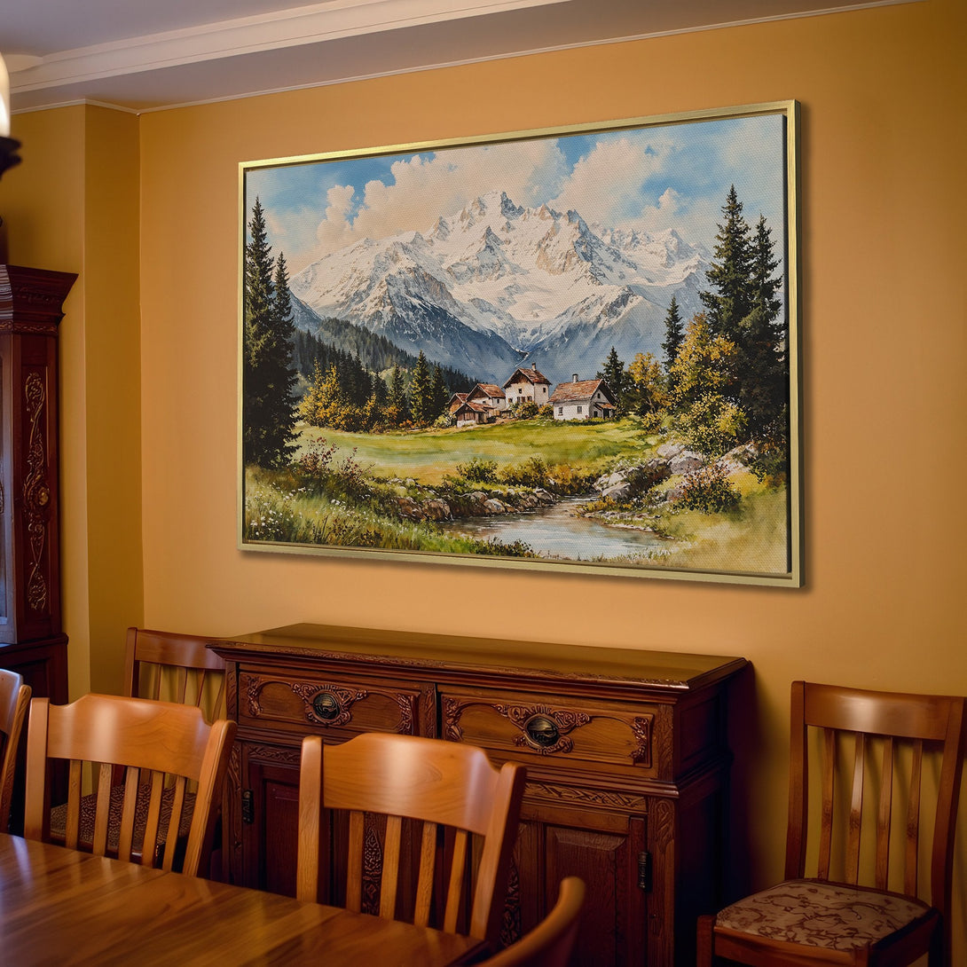 Canvas Print of a mountain landscape painting in a cozy living room. Featuring a serene watercolor style and a natural, earthy color palette.