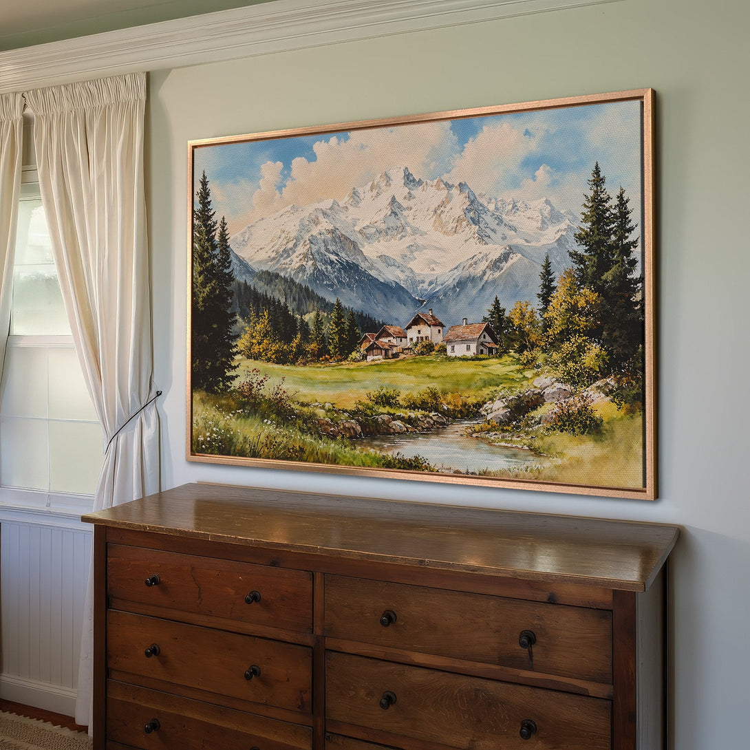Framed Wall Art: Mountain landscape Canvas Print with a warm, natural color palette. Rustic style artwork perfect for home decor.