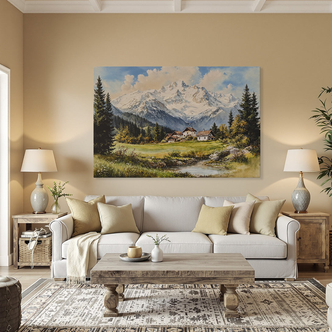 Framed Wall Art: Mountain landscape painting in a traditional style. Features a serene scene with blues, greens, and whites. Perfect for any room!