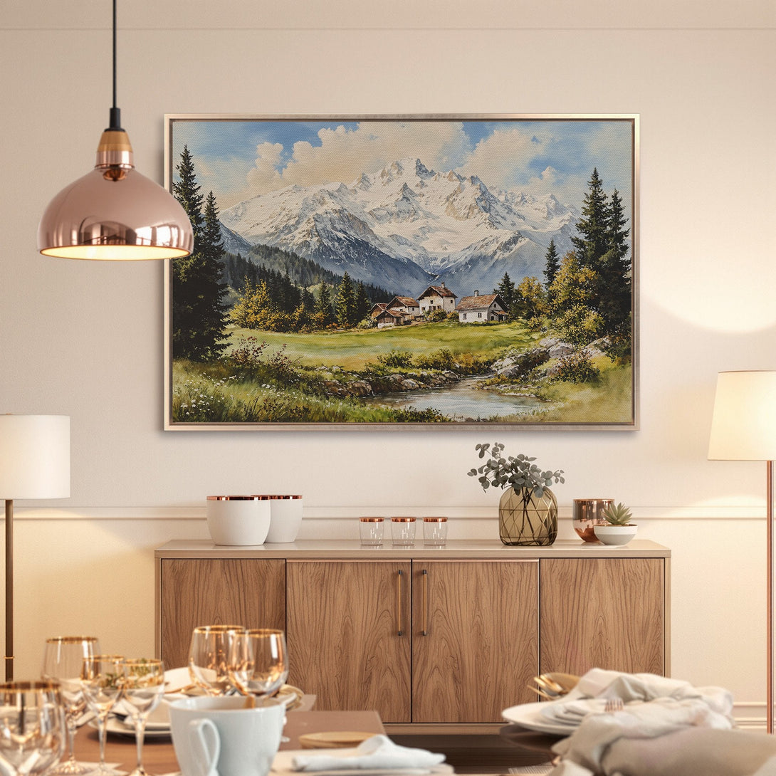 Framed Wall Art: Mountain landscape Canvas Print in serene blues, greens, and whites. Perfect for adding a touch of nature to your home decor.