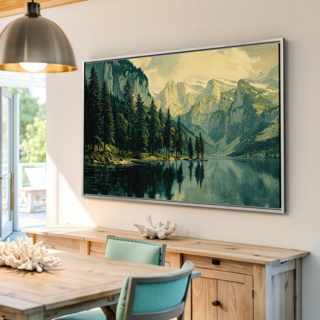 Framed Wall Art featuring a serene mountain lake landscape in a vintage style with a green and yellow color palette, perfect for home decor.
