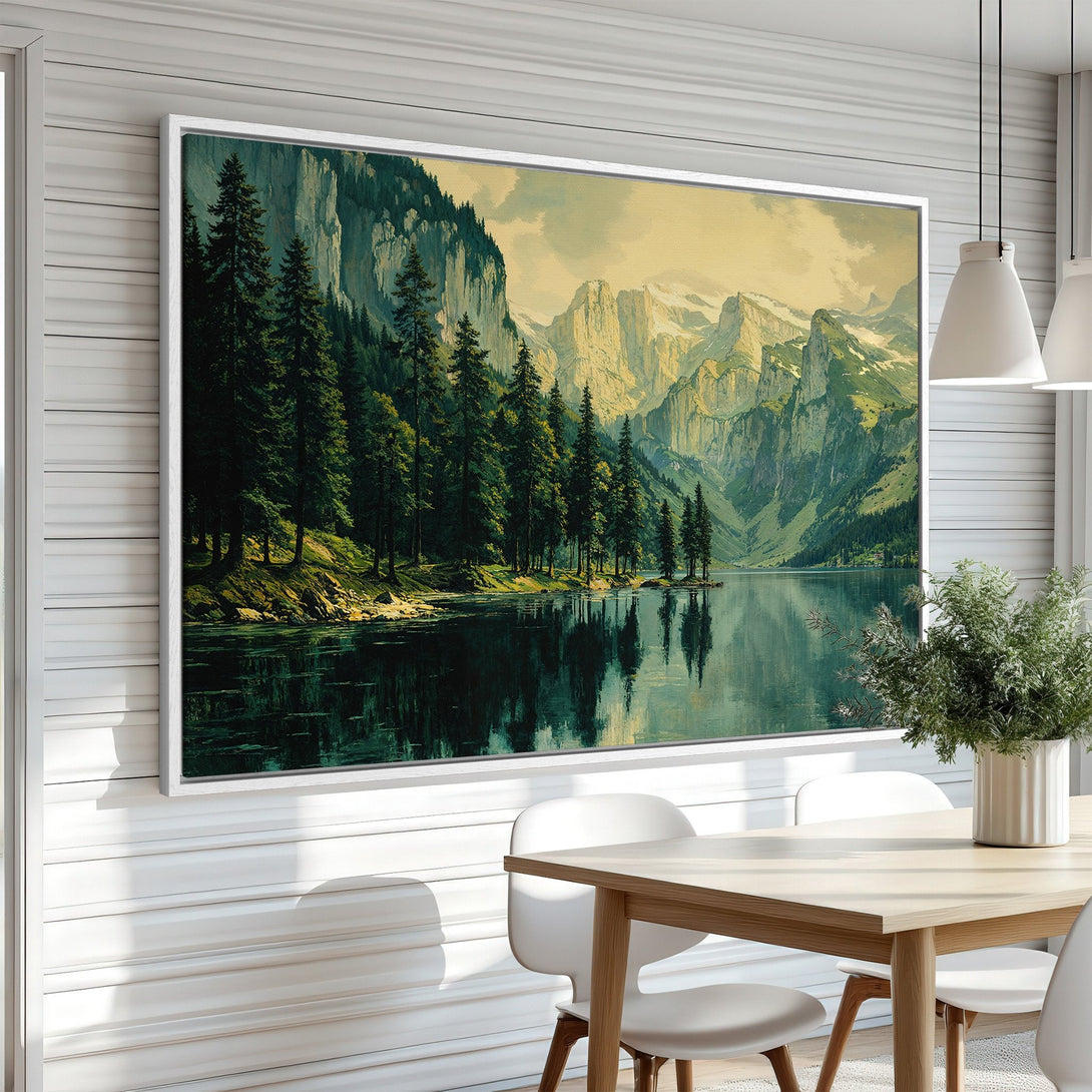 Framed Wall Art of a serene mountain lake landscape in a dining room. Earthy tones and cool blues create a calming, nature-inspired atmosphere.