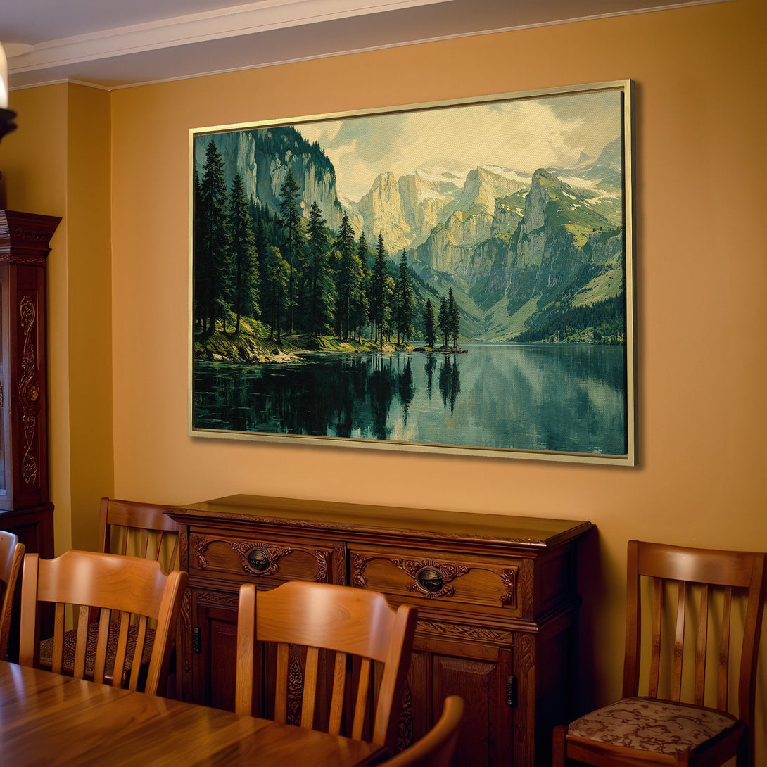 Canvas Print of a serene mountain lake scene in muted greens and blues, displayed in a cozy living room. Perfect wall art for a calming space.