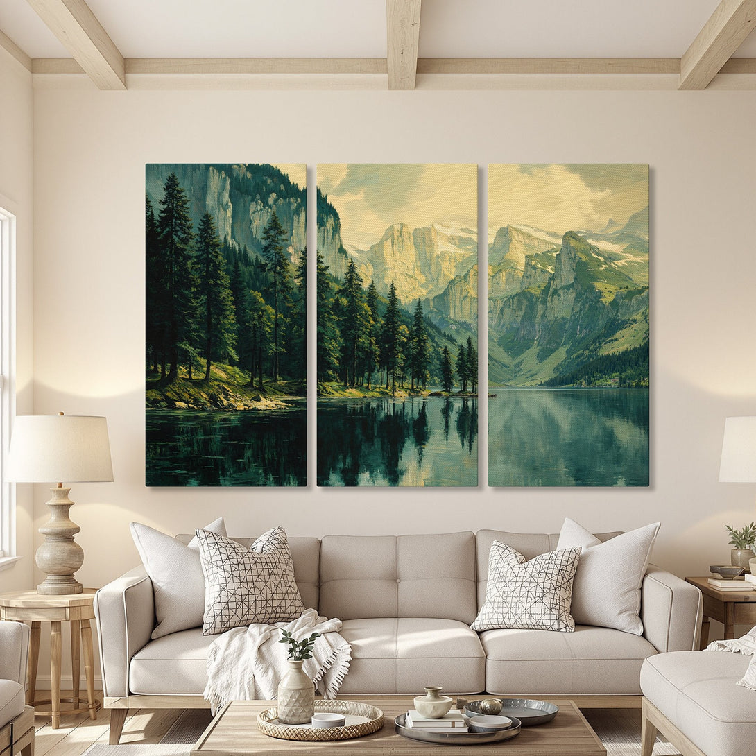 Canvas Print of a serene mountain lake scene in a vintage style, featuring a cool, calming color palette. Perfect for living room decor.