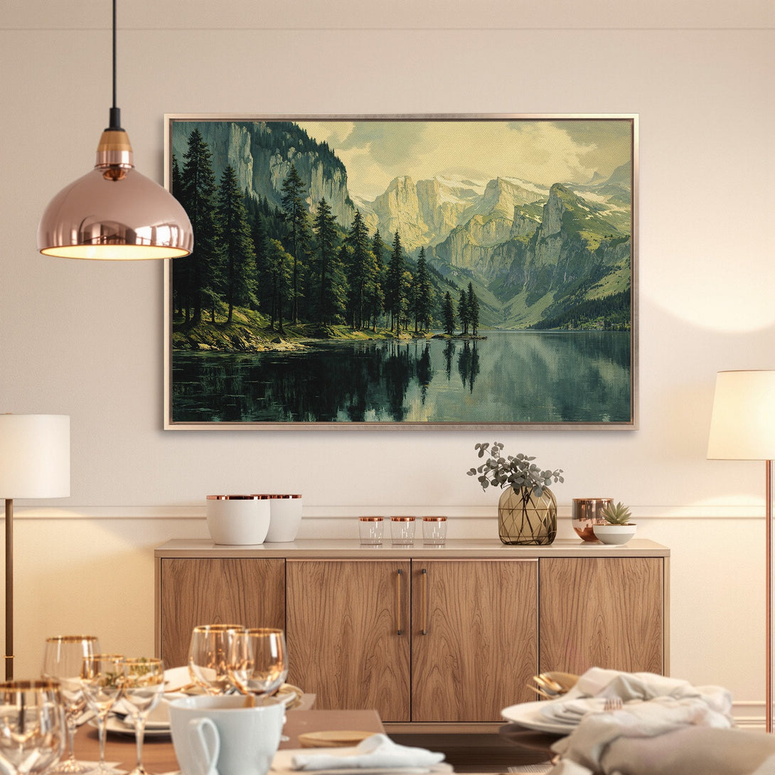 Framed Wall Art: Scenic landscape Canvas Print featuring a mountain lake scene in a vintage style, with green, blue, and neutral tones.