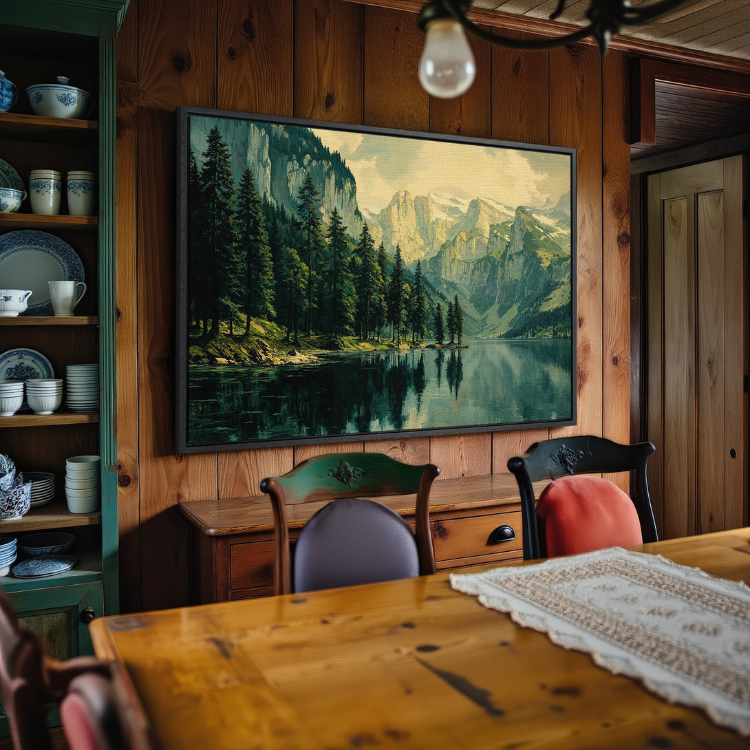 Framed Wall Art: Serene landscape Canvas Print with mountains and lake in a rustic dining room. Earthy tones and natural light create a calming atmosphere.