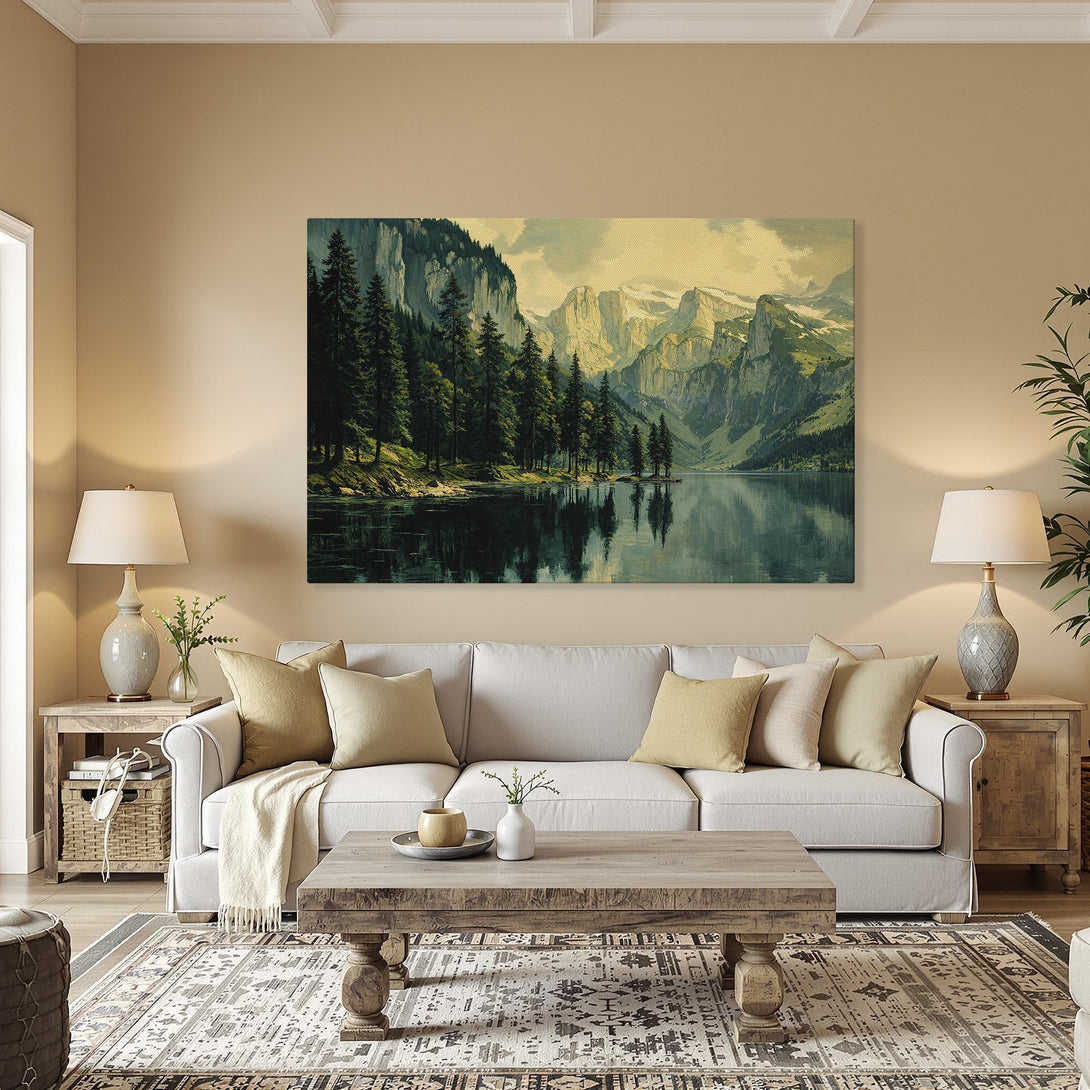 Framed Wall Art: Majestic mountain landscape Canvas Print with a vintage, painterly style. Earthy tones and serene lake scene create a calming interior.