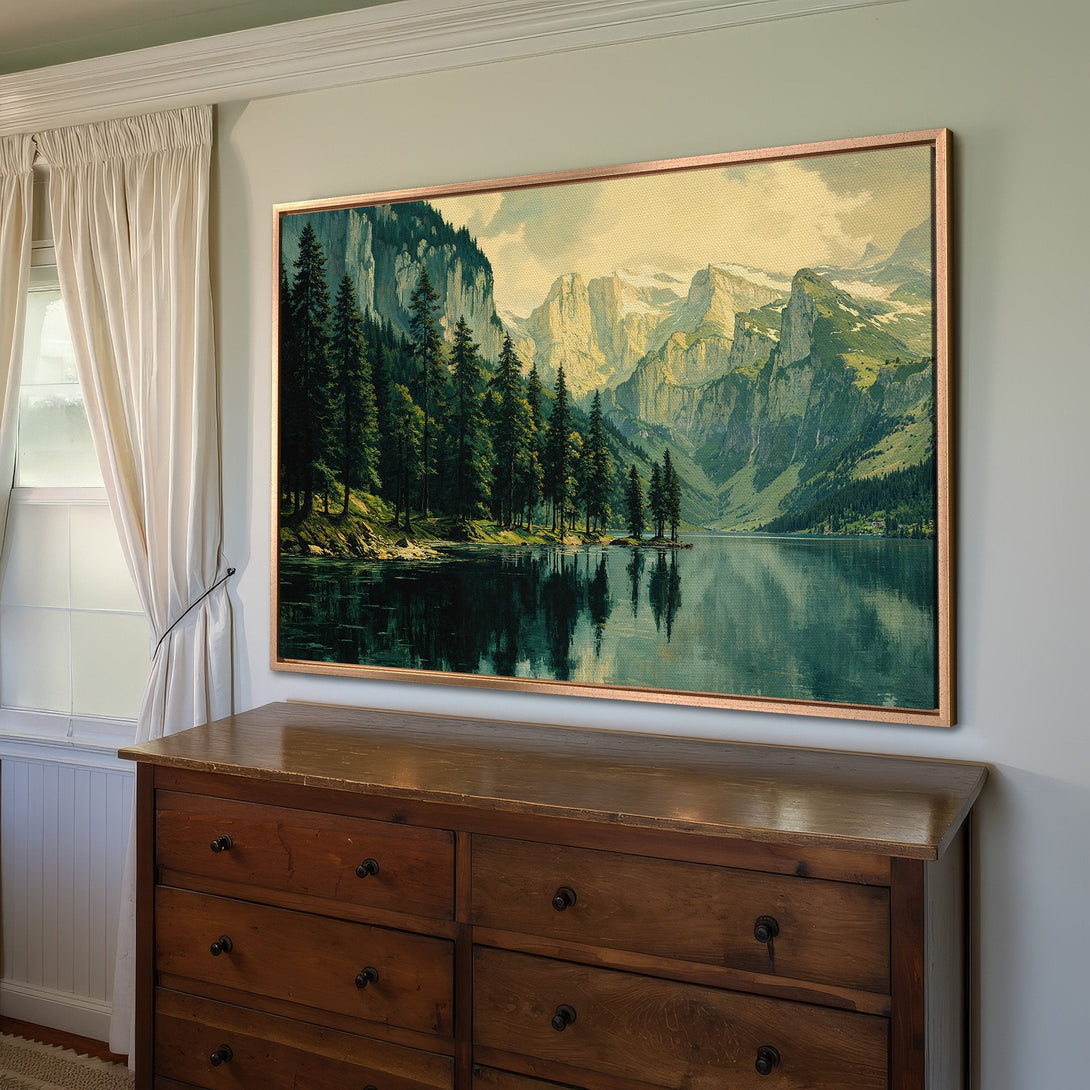 Framed Wall Art Canvas Print of a serene mountain lake landscape in a vintage style, featuring a green, blue, and gold color palette.