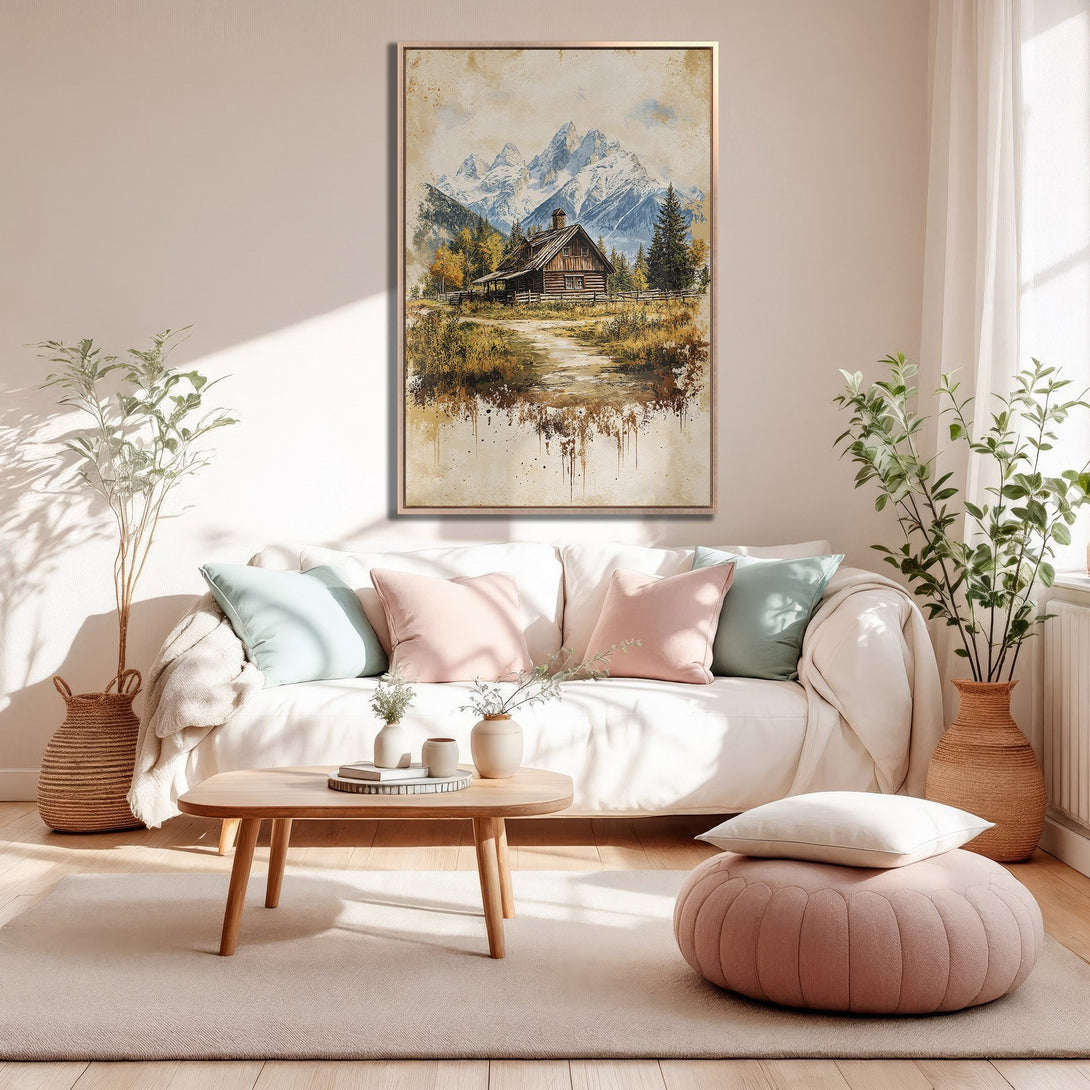 Framed Wall Art: Watercolor cabin scene with mountain backdrop in a warm, neutral color palette. Perfect for adding rustic charm to your living room.