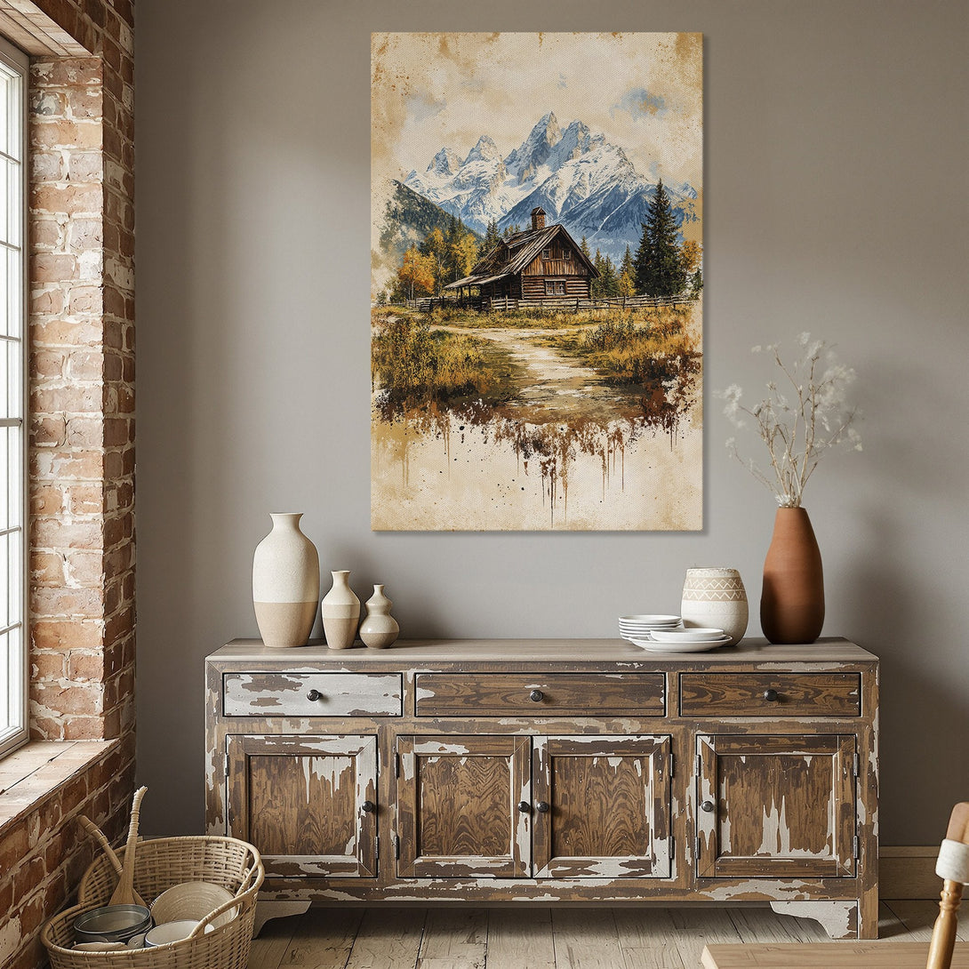 Framed Wall Art featuring a cabin and mountain landscape in watercolor style. Earthy tones and a cozy interior setting. Perfect for home decor.