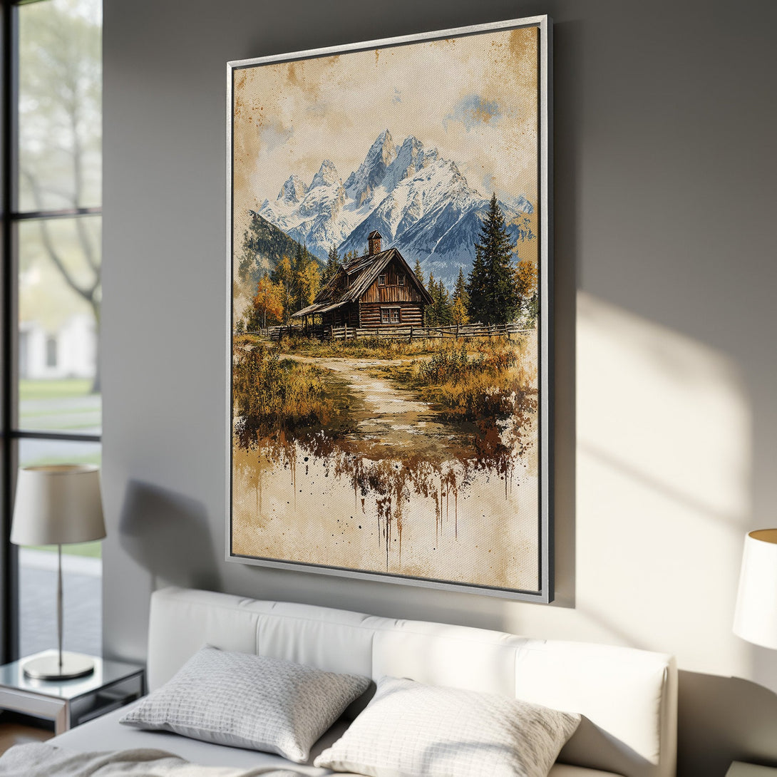 Framed Wall Art: Mountain cabin canvas print in watercolor style with a warm, earthy color palette. Perfect for rustic home decor.