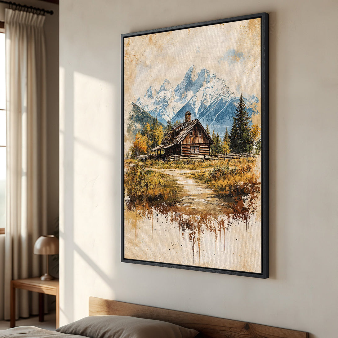 Framed Wall Art: Watercolor painting of a cabin in the mountains. Warm earth tones and cool blues create a cozy, rustic feel. Perfect for home decor.