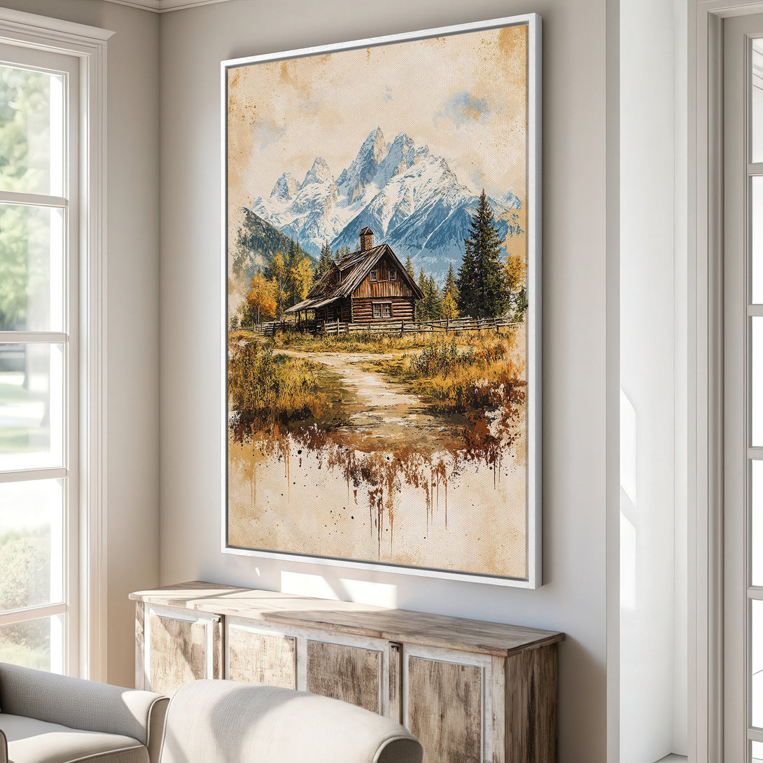 Framed Wall Art: Rustic cabin scene in watercolor style. Earthy tones of brown, gold, and blue create a cozy, inviting atmosphere. Perfect for adding warmth to your space.