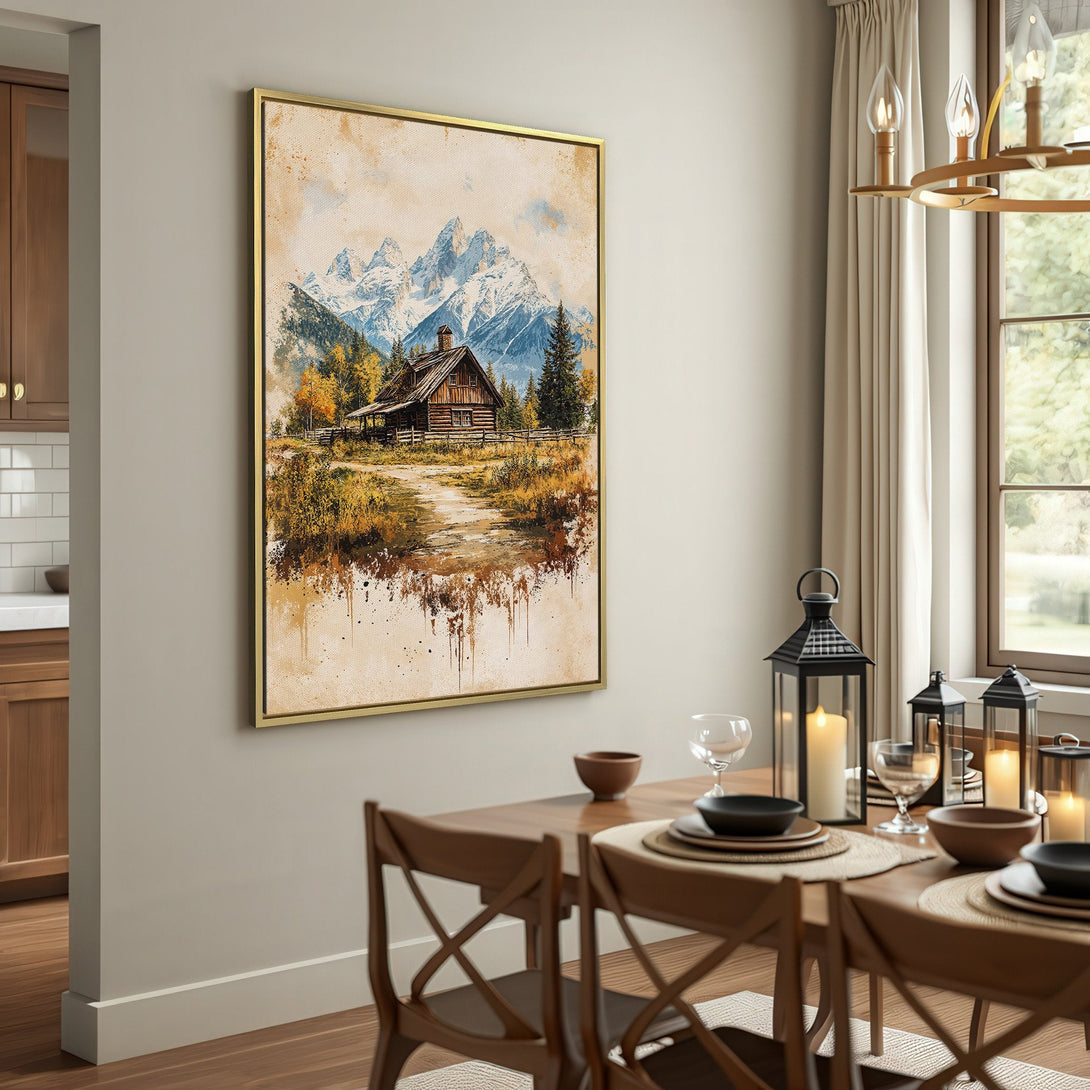 Canvas Print of a cabin in the mountains. Rustic watercolor style with warm earth tones and cool blue hues. Perfect for adding a cozy touch.