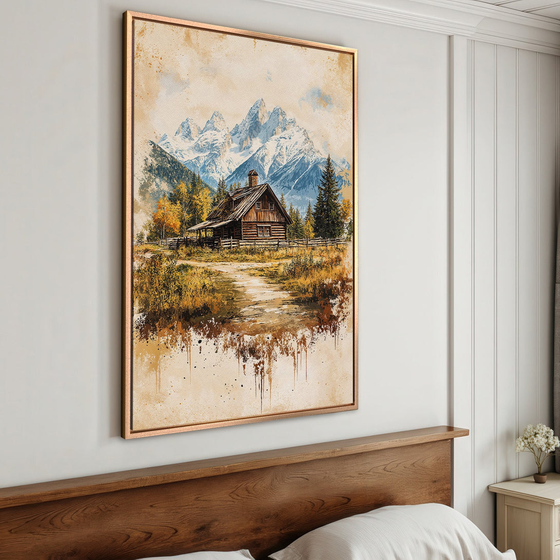 Framed Wall Art: Mountain cabin watercolor print in warm earth tones. Perfect rustic decor for your home. Shop now!