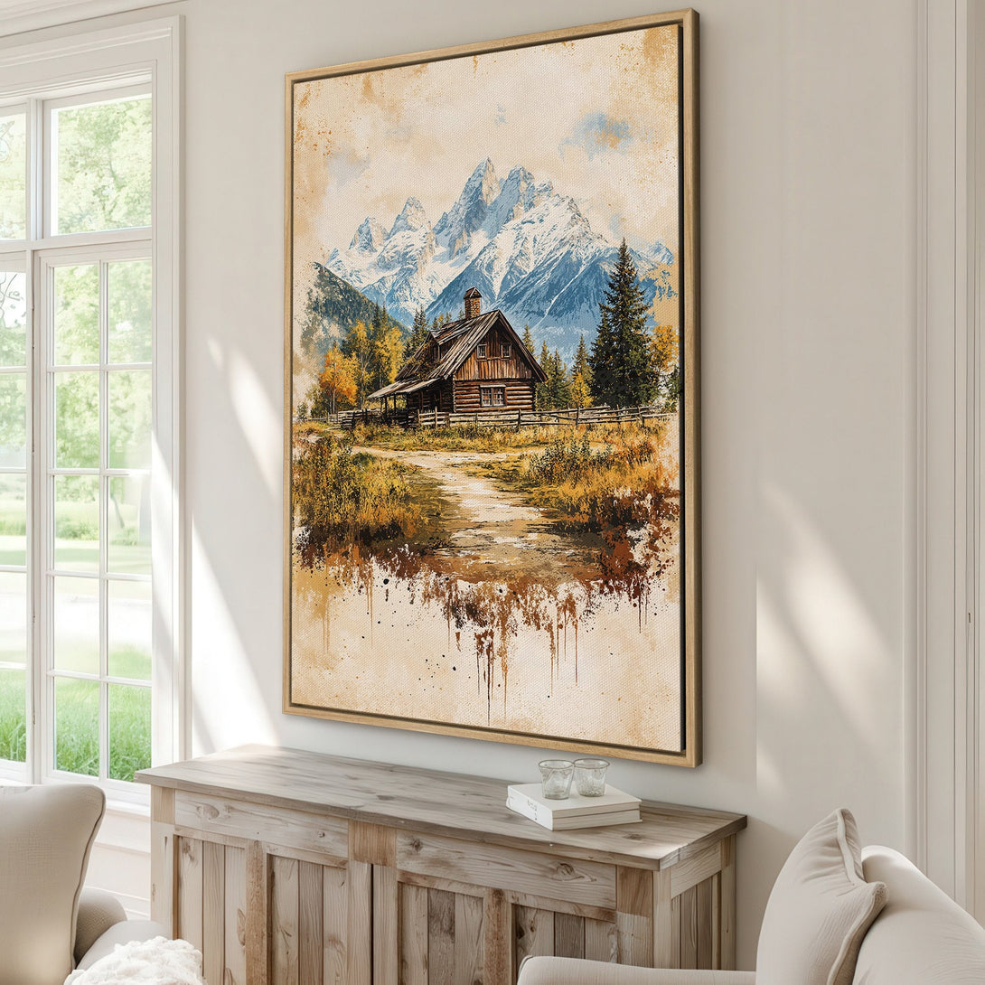 Framed Wall Art: Mountain cabin watercolor print in warm earth tones. Rustic landscape art for cozy home decor.
