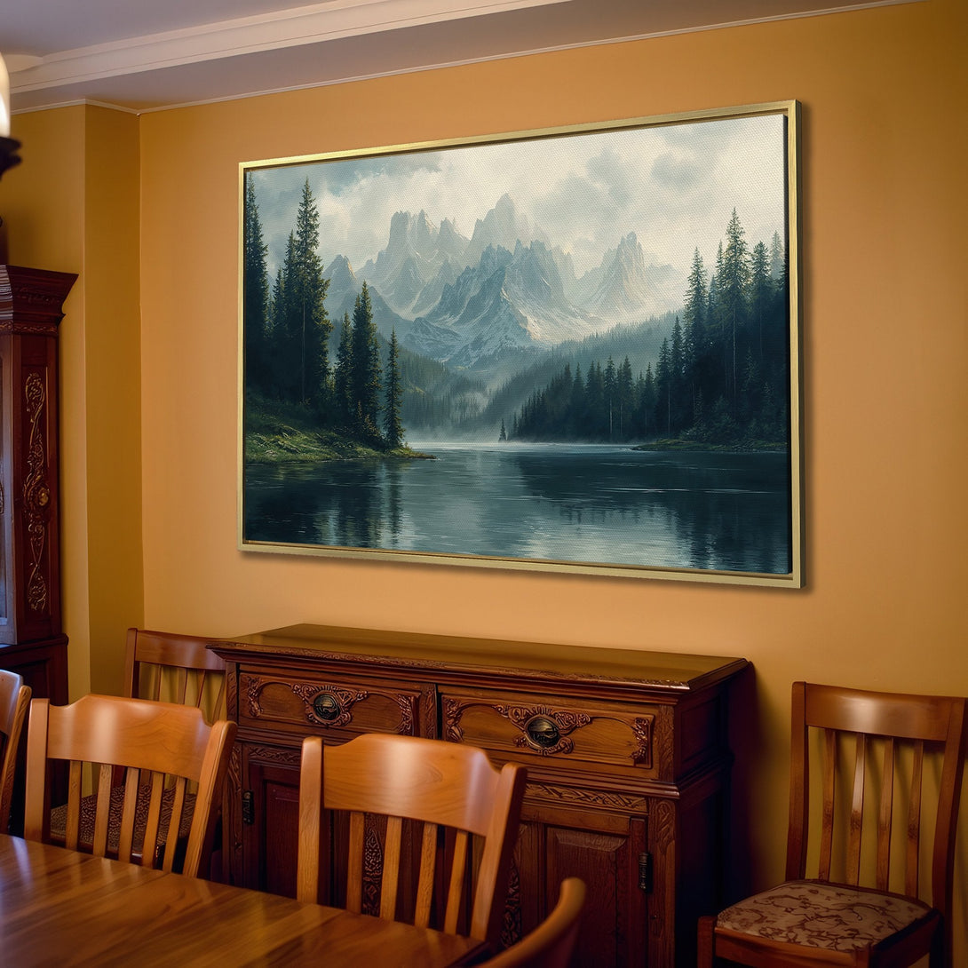 Canvas Print of a serene mountain lake scene in a muted, cool color palette. Landscape art perfect for living room decor.