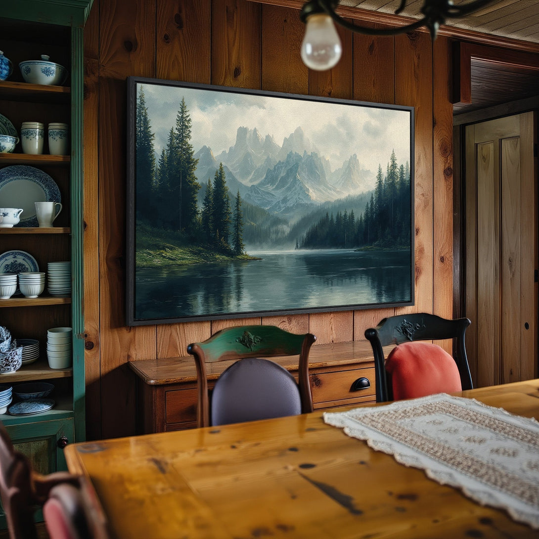 Framed Wall Art: Mountain lake landscape canvas print in cool blues & greens. Rustic decor for your home. Create a serene atmosphere!