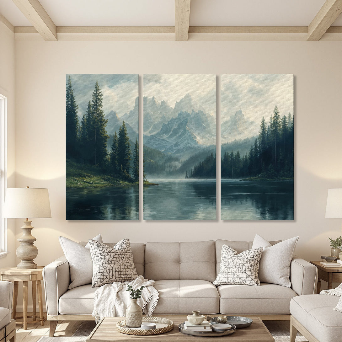 Canvas Print of a serene mountain lake scene in blues, greens, and grays. Perfect wall art for a calming interior.