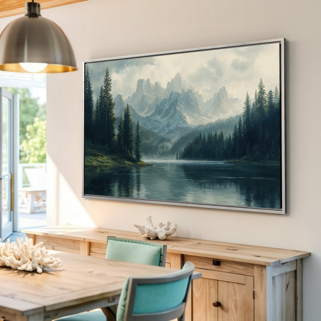 Framed Wall Art: Serene mountain landscape Canvas Print in cool blues & greens. Perfect for adding a touch of nature-inspired art to your home.