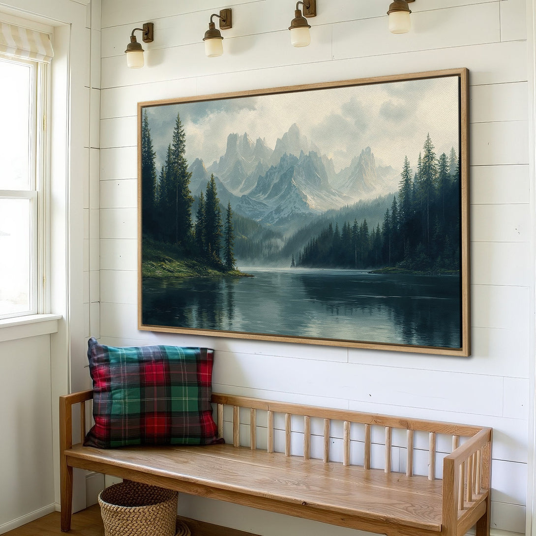 Framed Wall Art: Serene landscape Canvas Print featuring a mountain lake scene in muted blues and greens. Perfect for adding a touch of nature to your home decor.