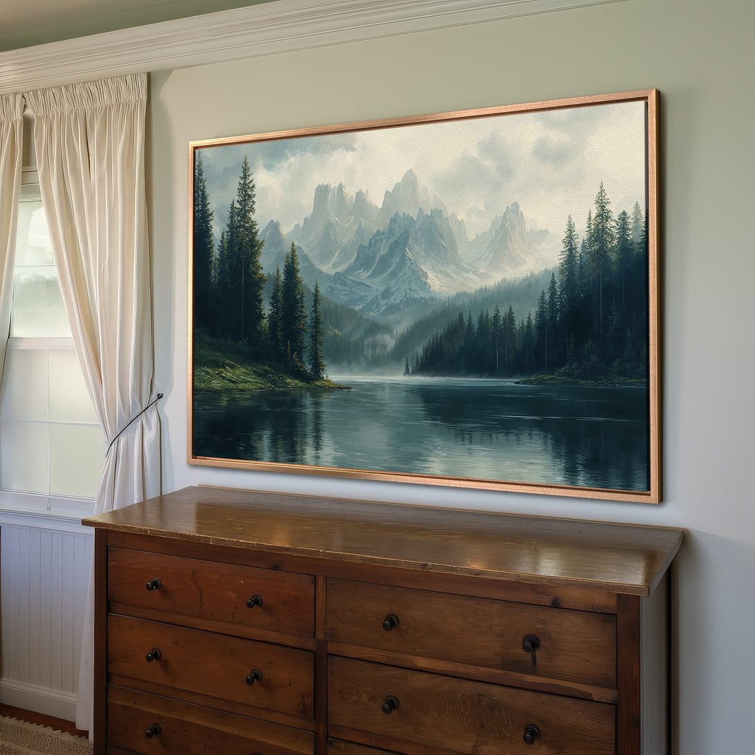 Framed Wall Art: Majestic mountain lake landscape Canvas Print in cool blue and green tones, perfect for adding a touch of nature to your home decor.