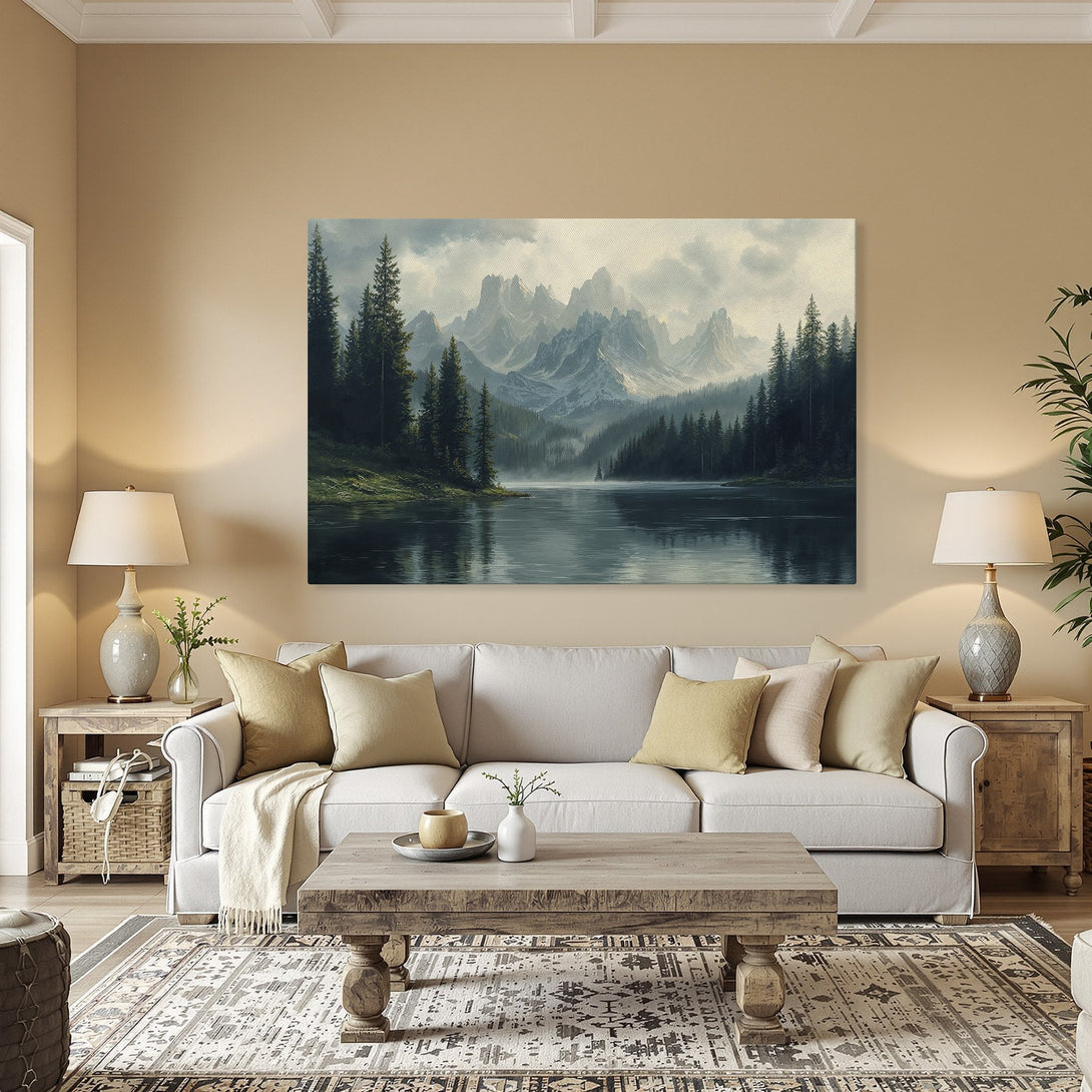Framed Wall Art: Serene landscape Canvas Print with mountains, lake, and forest in a cool, muted color palette. Perfect for any room!
