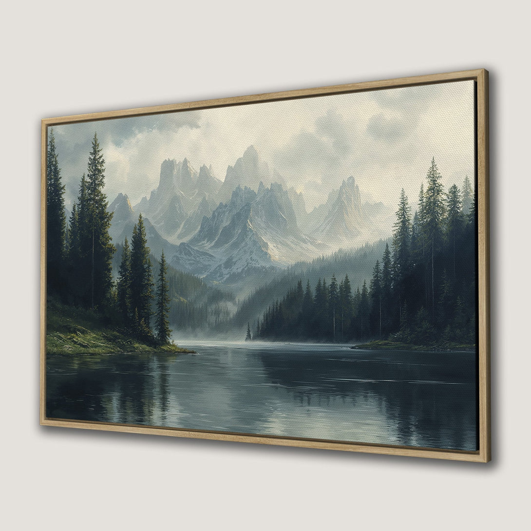 Canvas Print of a serene mountain lake landscape in cool blues, greens, and grays. Perfect wall art for a calming interior.