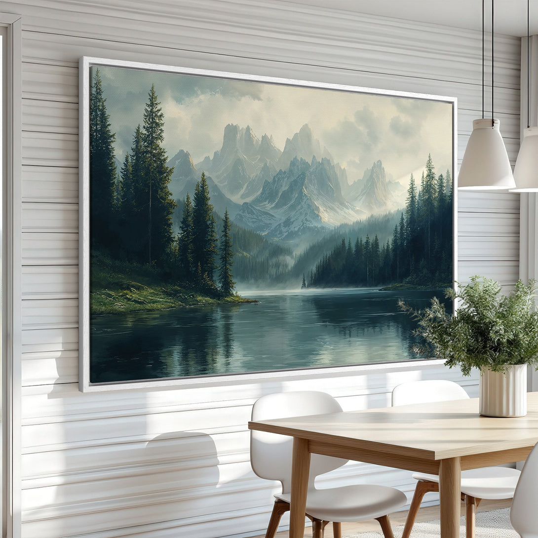Framed Wall Art: Majestic mountain landscape Canvas Print in cool blues and greens. Perfect for adding a touch of nature-inspired serenity to your home decor.