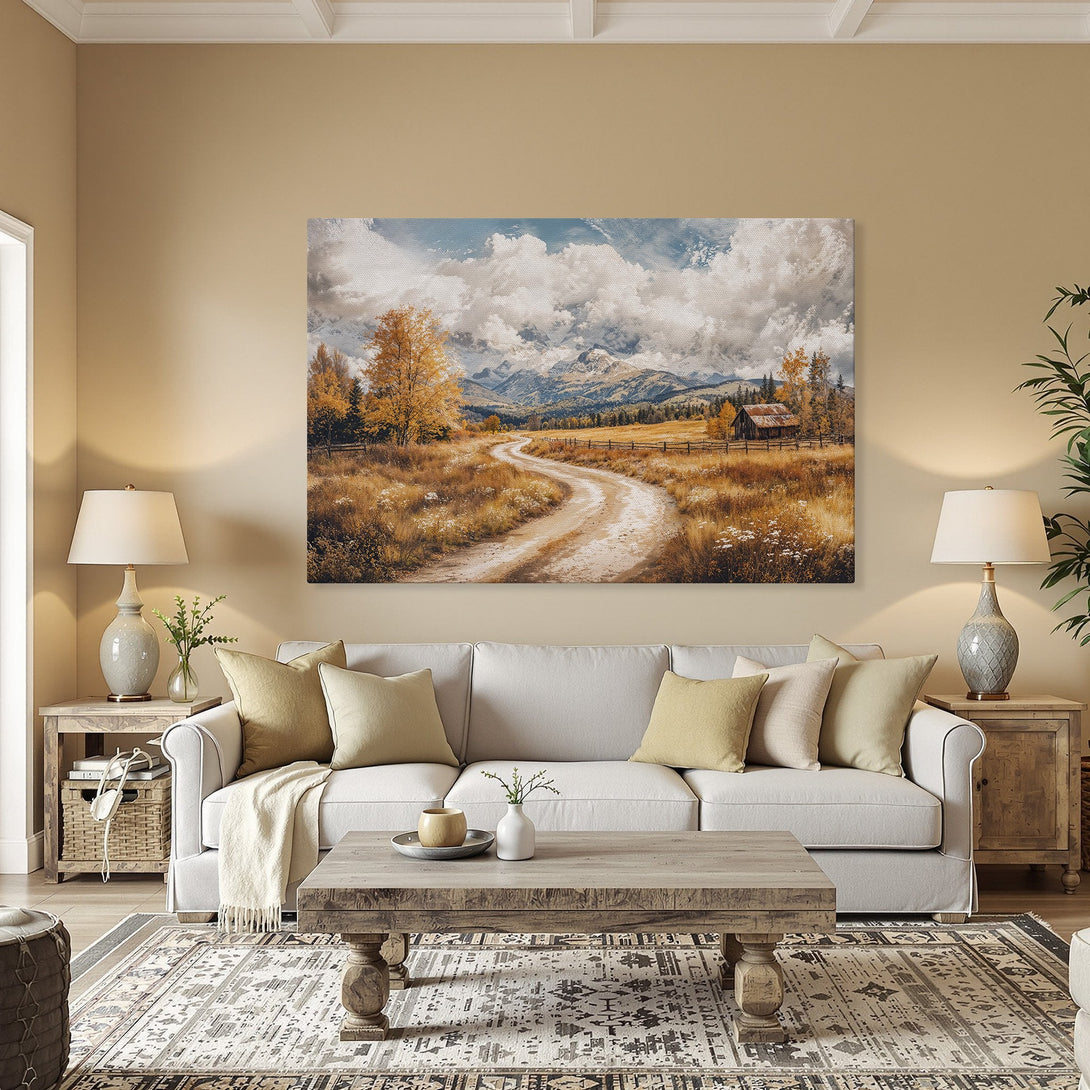Framed Wall Art: Landscape Canvas Print with a winding road, warm autumn colors, and a rustic style. Perfect for home decor.