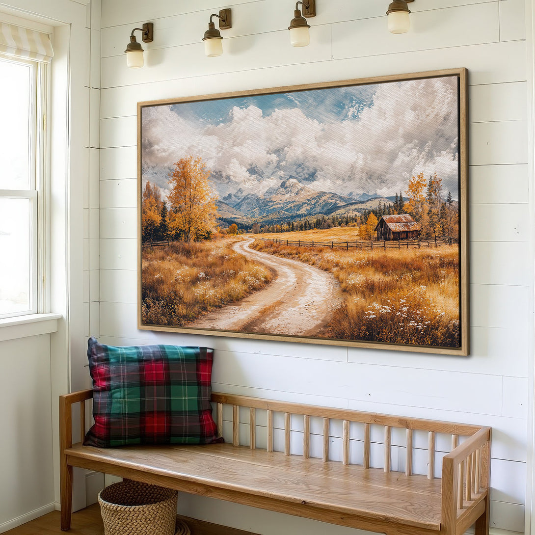 Framed Wall Art: Rustic landscape Canvas Print with warm autumn colors. Featuring a winding road, mountains, and a cozy cabin. Perfect for adding charm to any space.