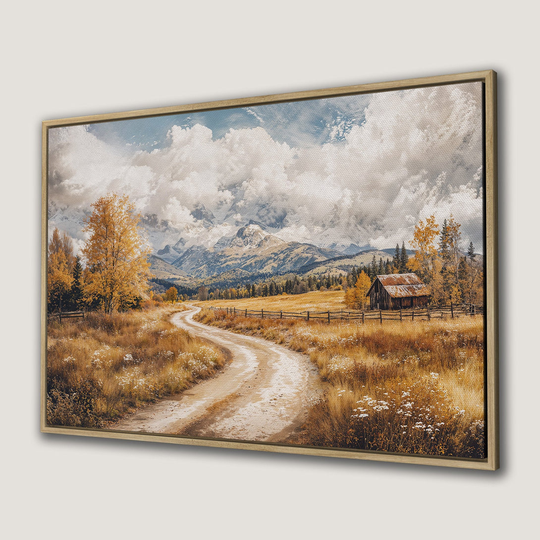 Framed Wall Art: Scenic landscape Canvas Print with a rustic road, mountains, and fall foliage. Warm, earthy color palette perfect for home decor.
