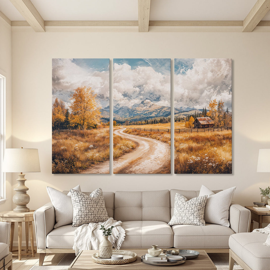 Canvas Print of a scenic landscape with a winding road, mountains, and fall colors. Warm, earthy tones create a cozy, rustic vibe.