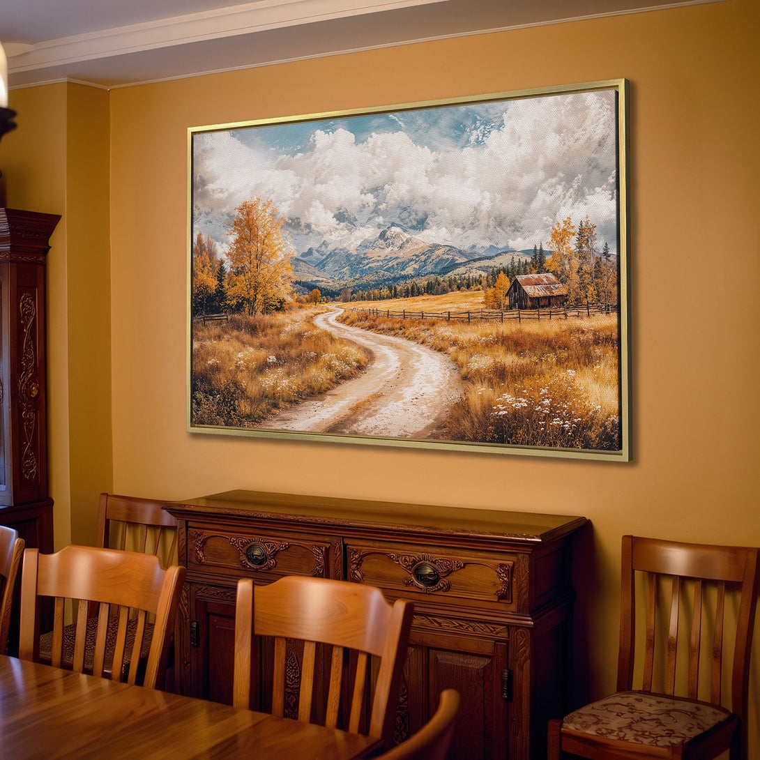Canvas Print of a scenic landscape with a winding road, in warm earthy tones. Rustic style wall art for a cozy home.