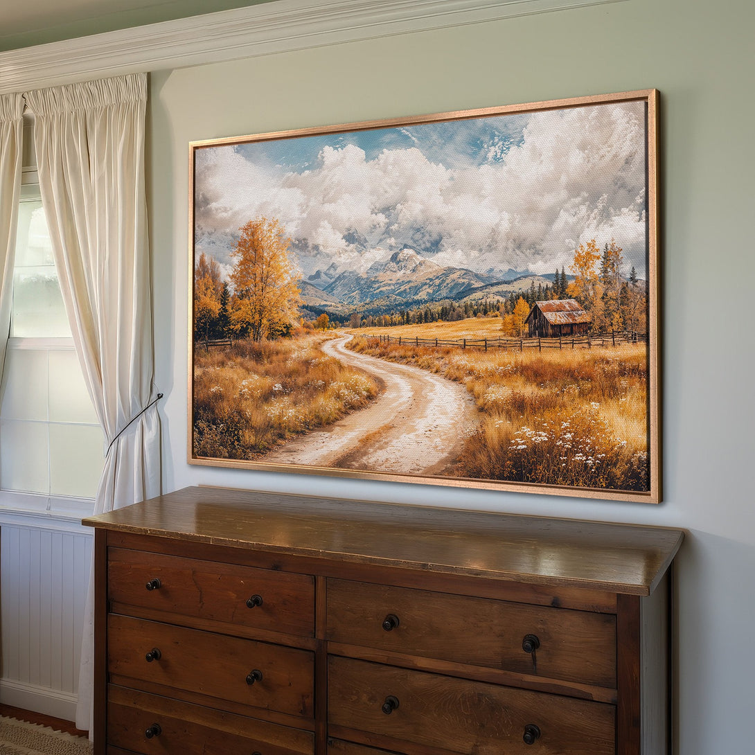 Framed Wall Art: Rustic landscape Canvas Print in warm autumnal tones. Perfect for adding a touch of nature and cozy style to your home decor.