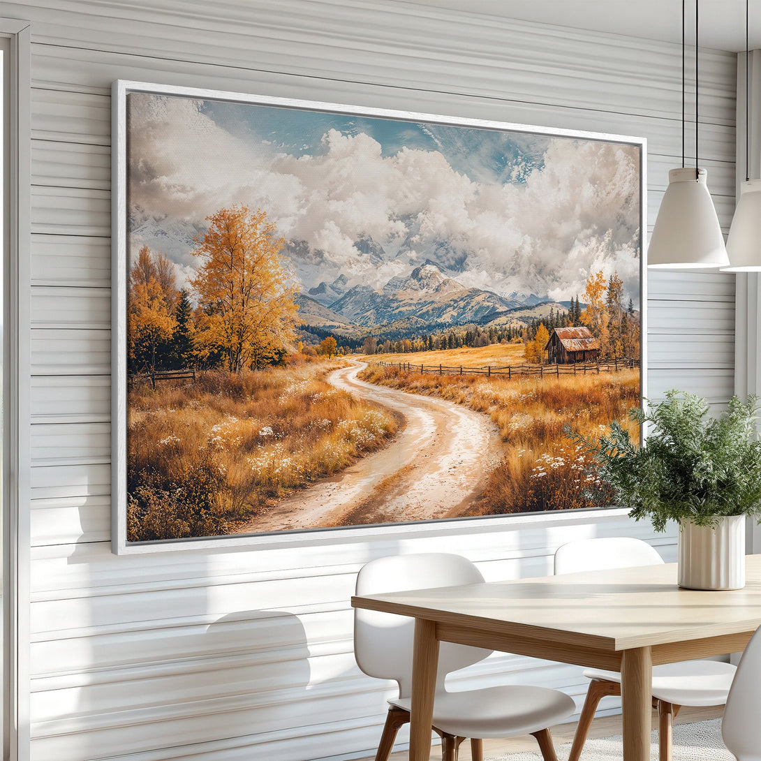 Framed Wall Art: Rustic landscape canvas print with warm autumn colors. Featuring a winding road, mountains, and a cozy cabin. Perfect for home decor.