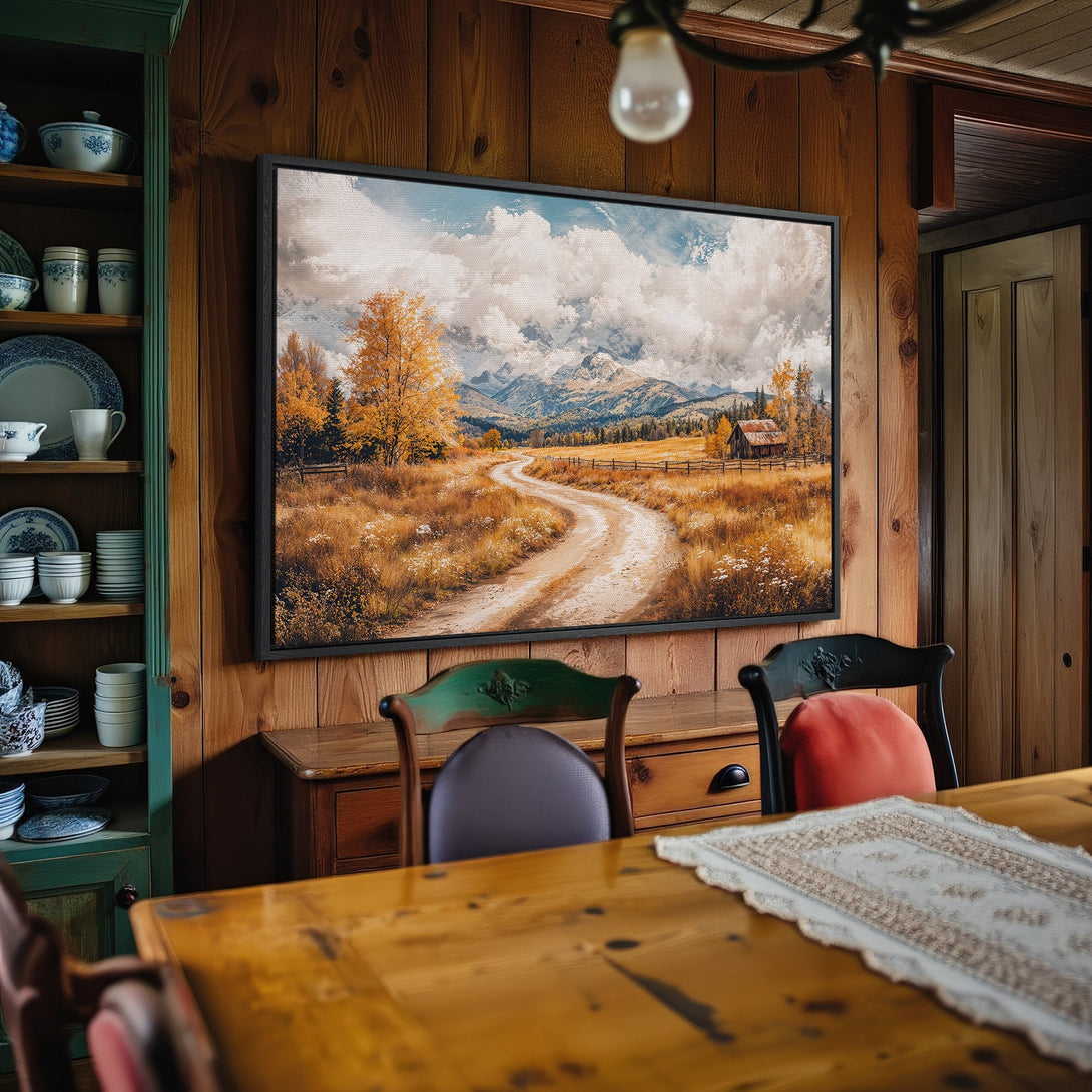 Framed Wall Art: Landscape Canvas Print with a rustic, warm palette of autumn colors. Mountain scene adds a touch of nature to any interior.
