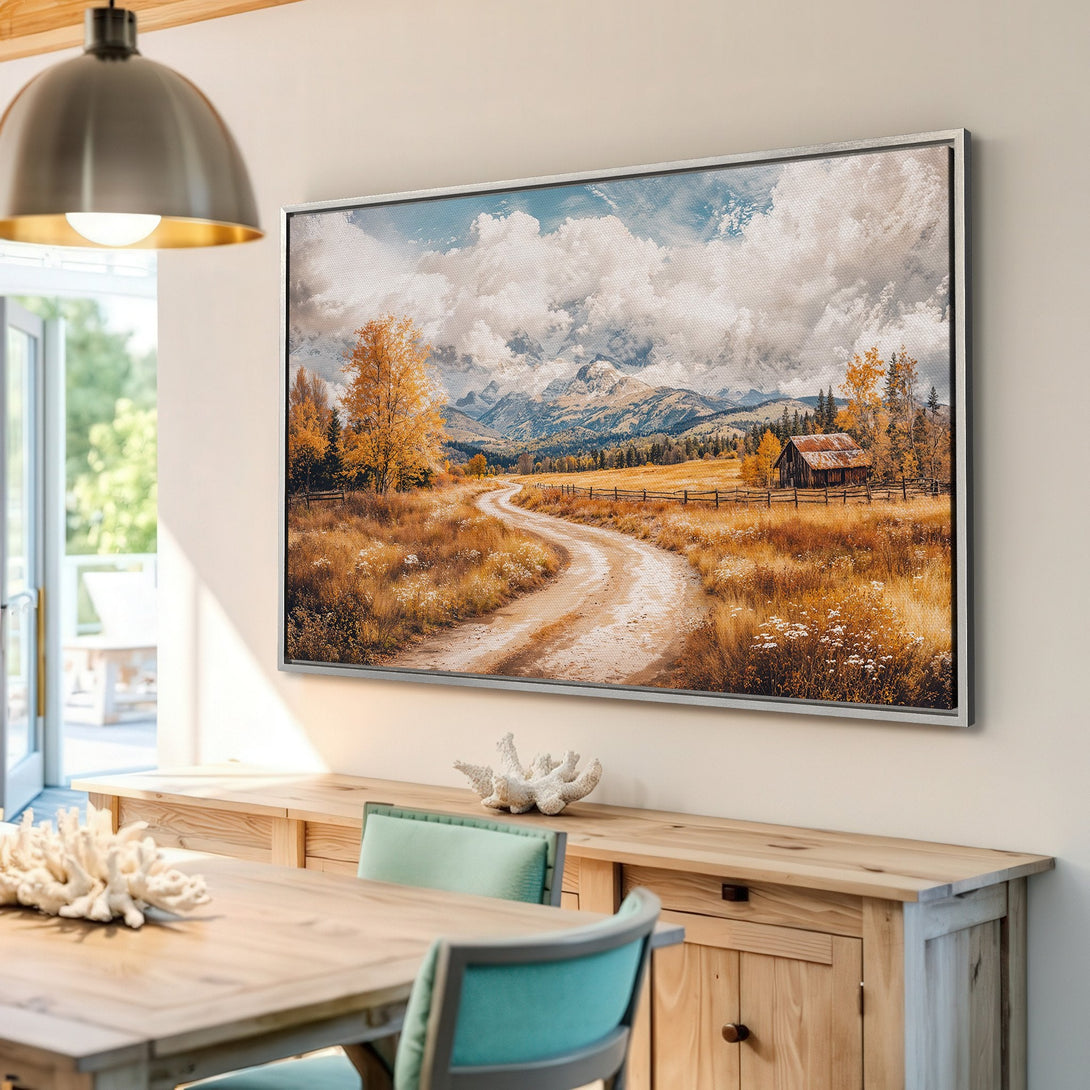 Framed Wall Art: Rustic landscape Canvas Print with warm autumn colors. Bring the beauty of nature into your home with this stunning art piece.